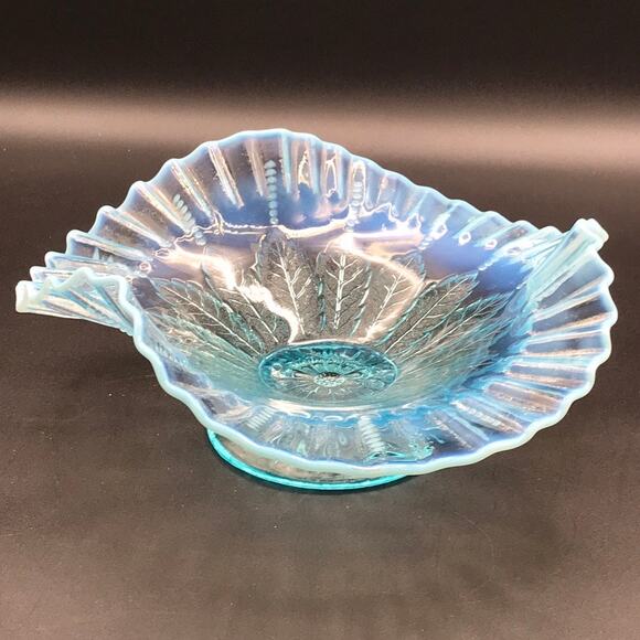 Vintage Ruffled Crimped Edge Blue Opalescent Compote Dome Footed Bowl 1930s-40s - Picture 2 of 9
